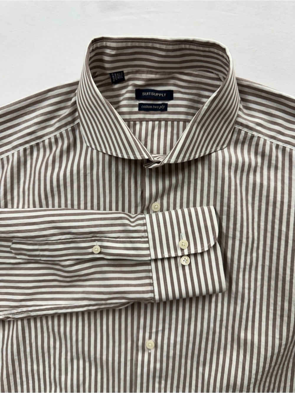 SuitSupply Cotton 2-Ply White Brown Striped Button Up Dress Shirt Men 42-7 16.5L